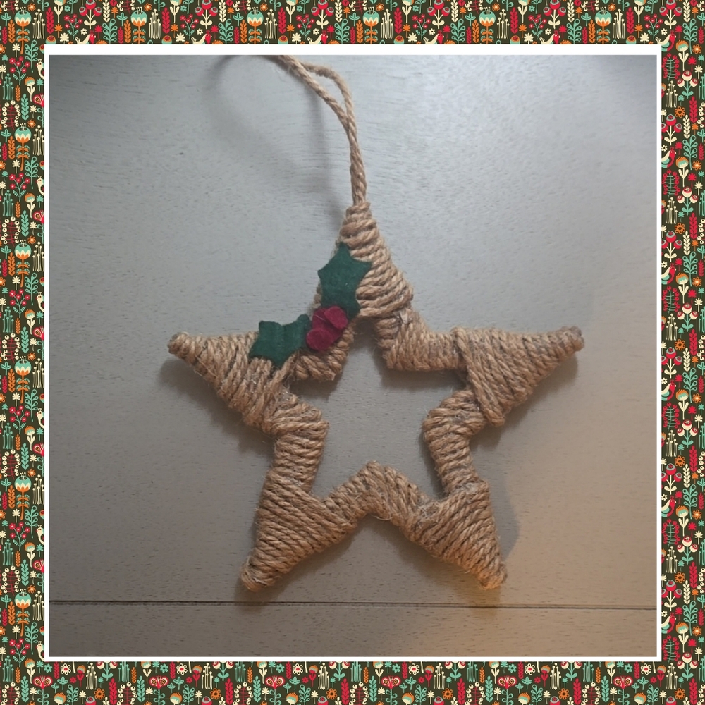 Large rustic Twine Star Ornament with Holly Accents